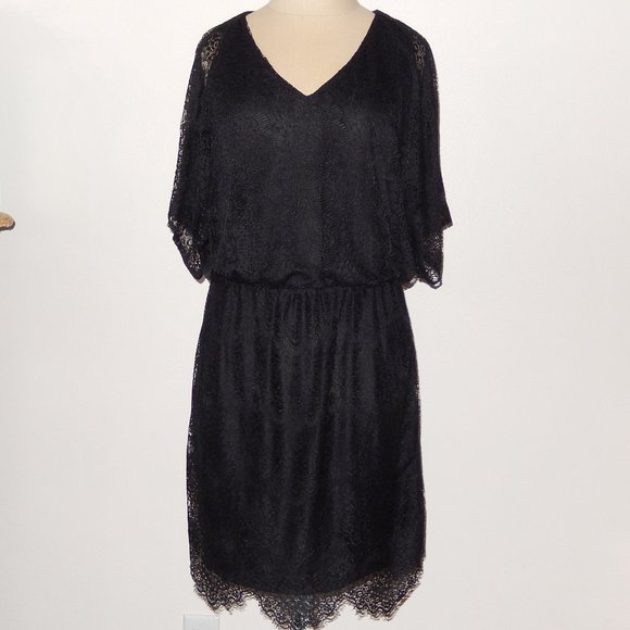 New Alfani Petite Small PS Black Lace V Neck Batwing Blouson Dress from Macy's - Picture 1 of 9